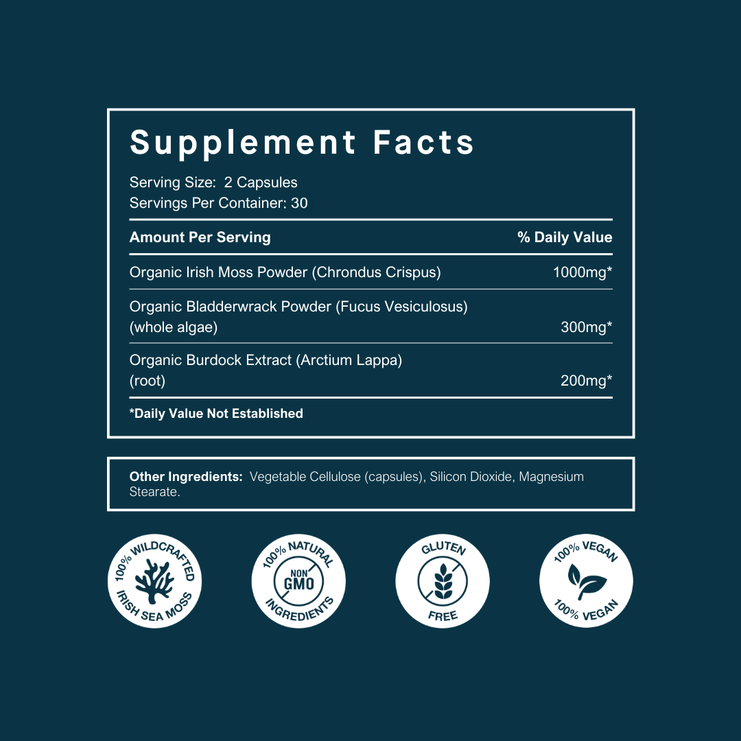 Irish Sea Moss Capsules With Bladderwrack and Burdock Root (30 Day Supply)